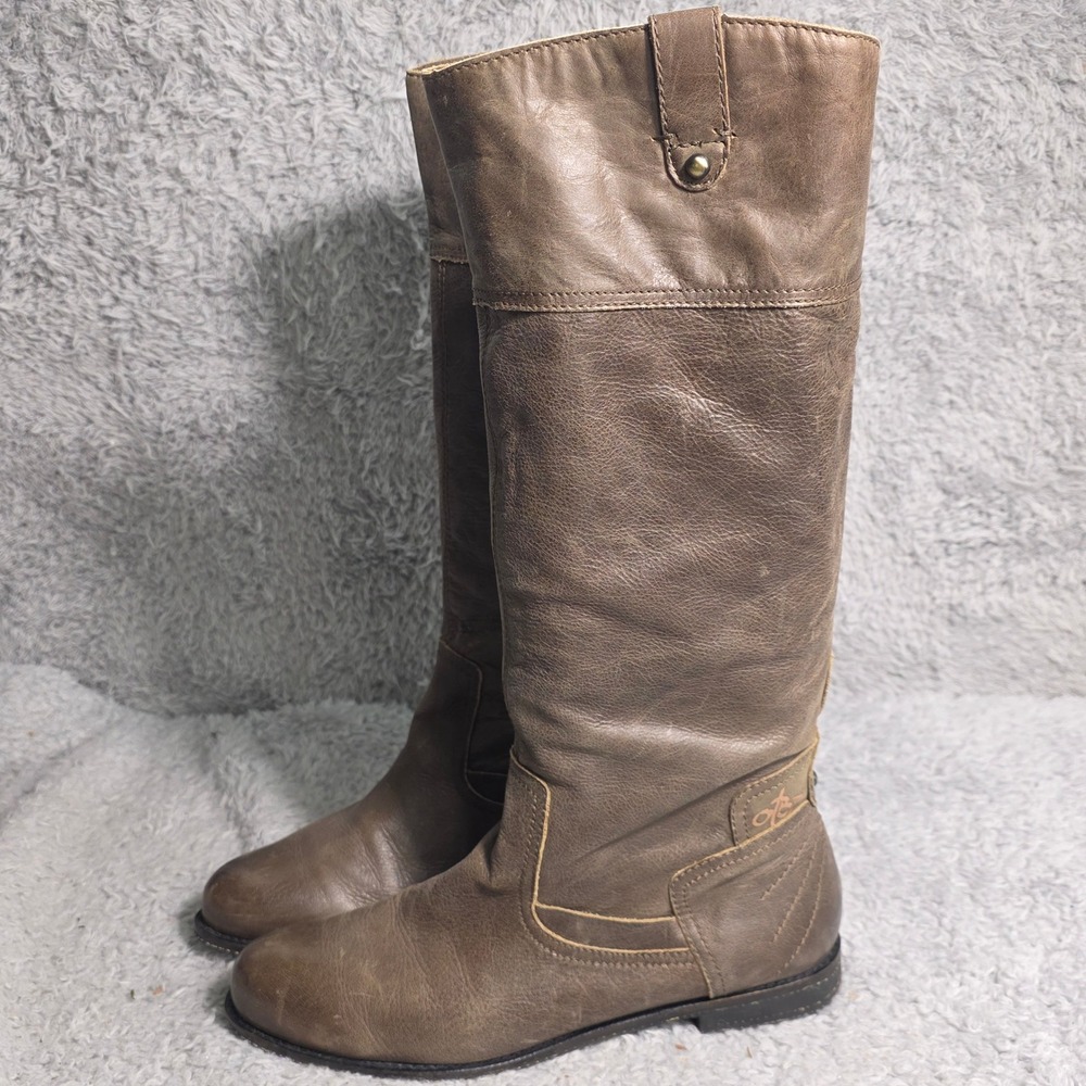 OTBT Tall Riding Boots Brown Distressed Leather Pull On‎ Low Flat Heel Womens 11